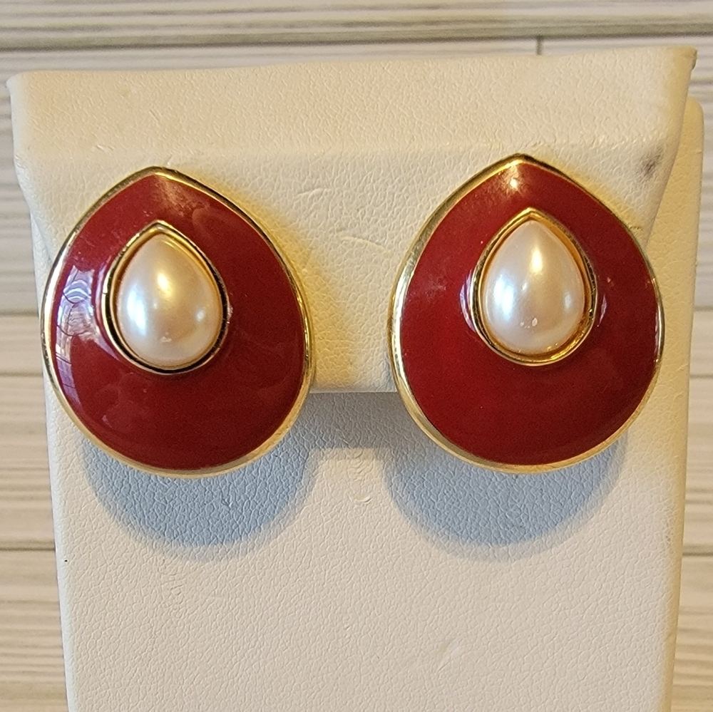 Vintage Monet Red Enamel Faux Pearl Gold Tone Teardrop Clip On Earrings